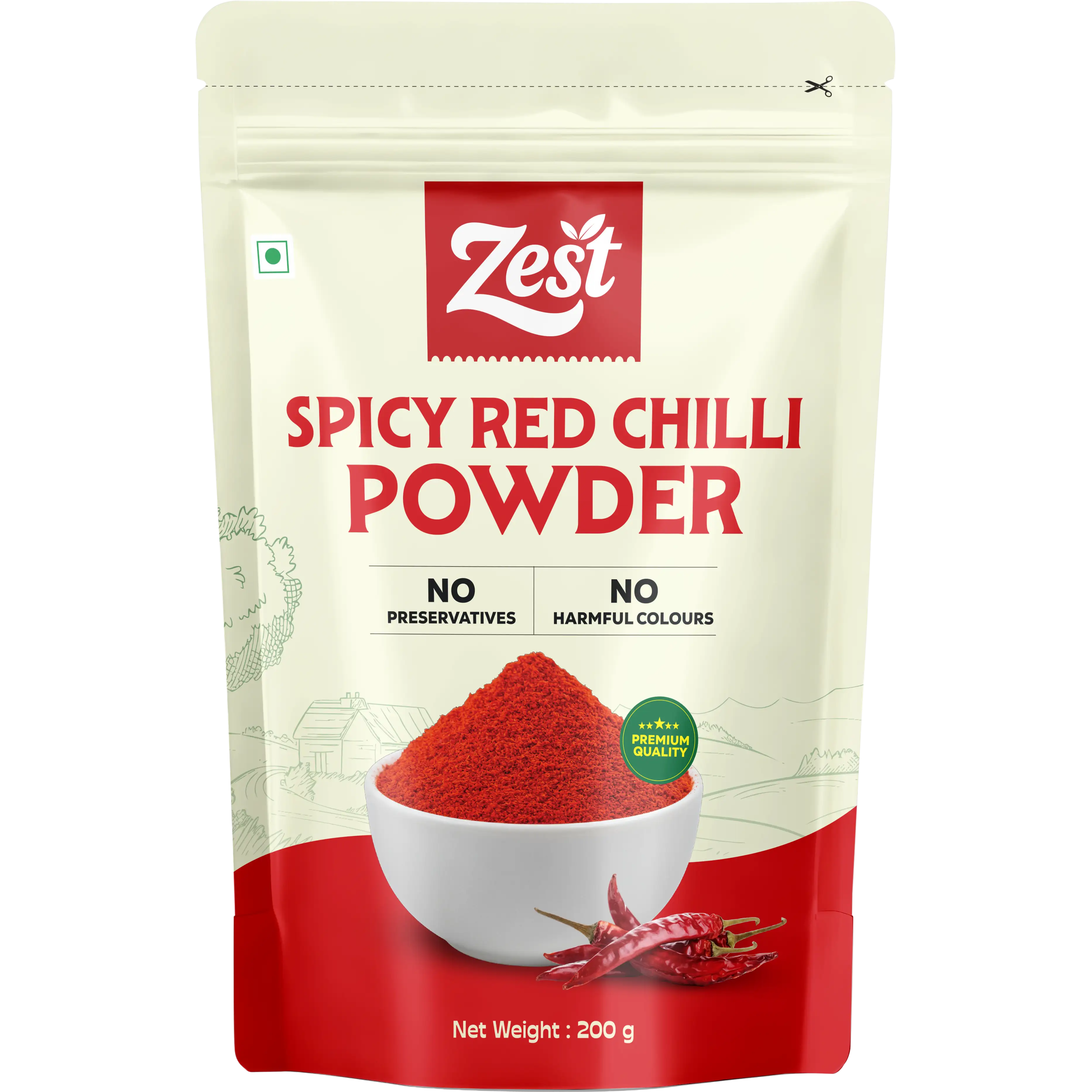 Zest Spicy Red Chilli Powder packaging on a white background