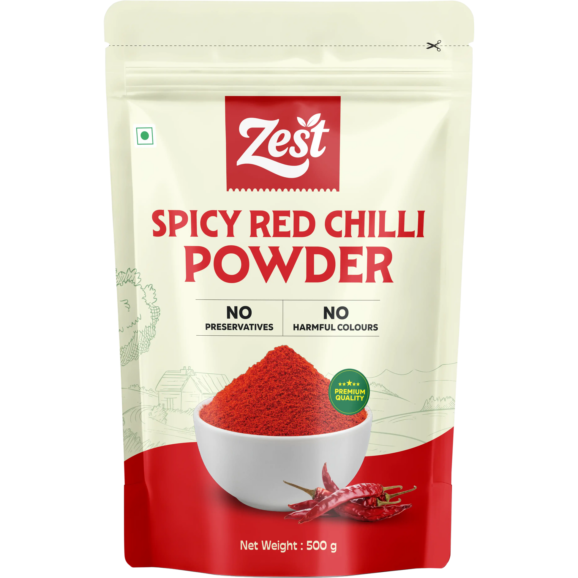 Zest Spicy Red Chilli Powder packaging on a white background