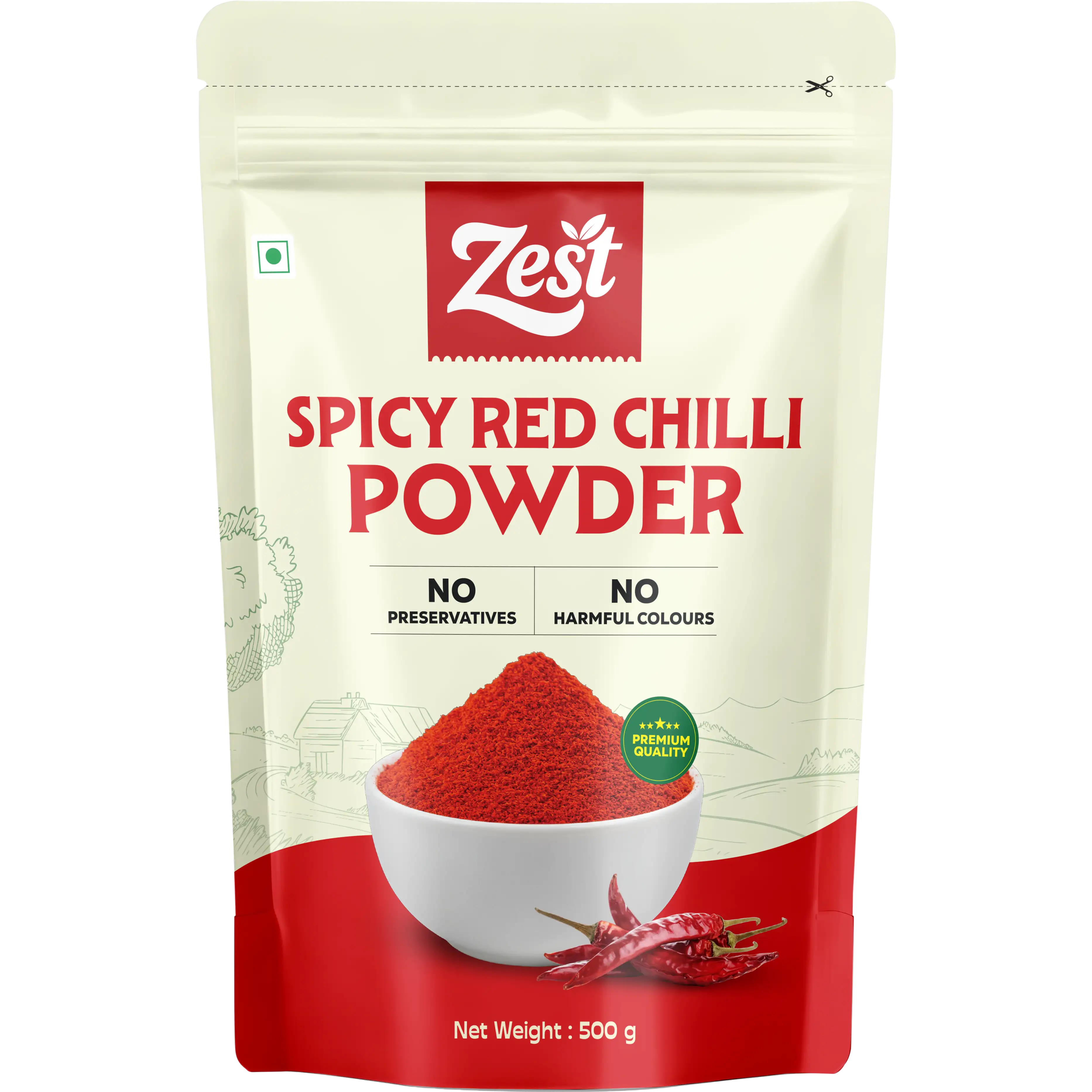 Zest Spicy Red Chilli Powder packaging on a white background